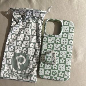 iPhone 14 Pro Max Loopy Case Green and White smiley faces + flowers